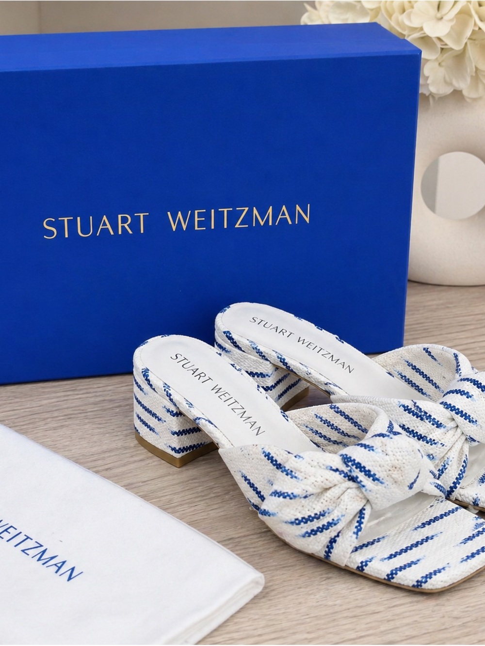 Stuart Weitzman White & Blue Knotted Block Heel Mules